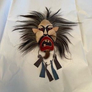 Lion Shaman Spirit Mask Wall Hanging Brown Red Leather Suede Souvenir Art